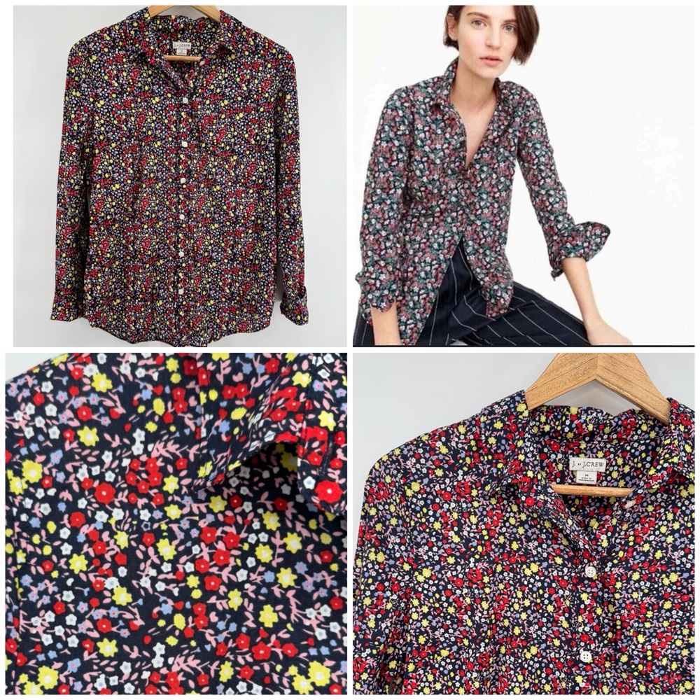 J. Crew Navy Floral Button-Down Shirt with Red & Yellow Accents